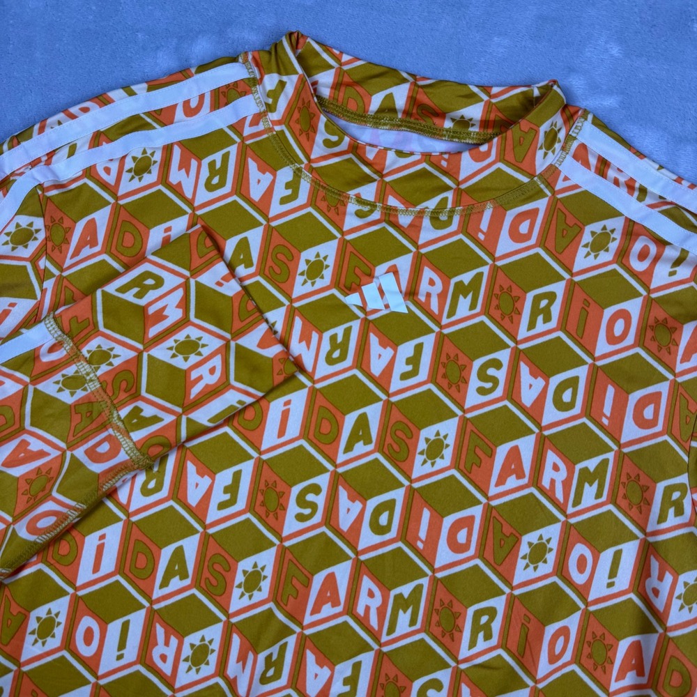 Adidas x FARM Rio Women Long Sleeve Crop Top Geometric Cube Print Orange Medium